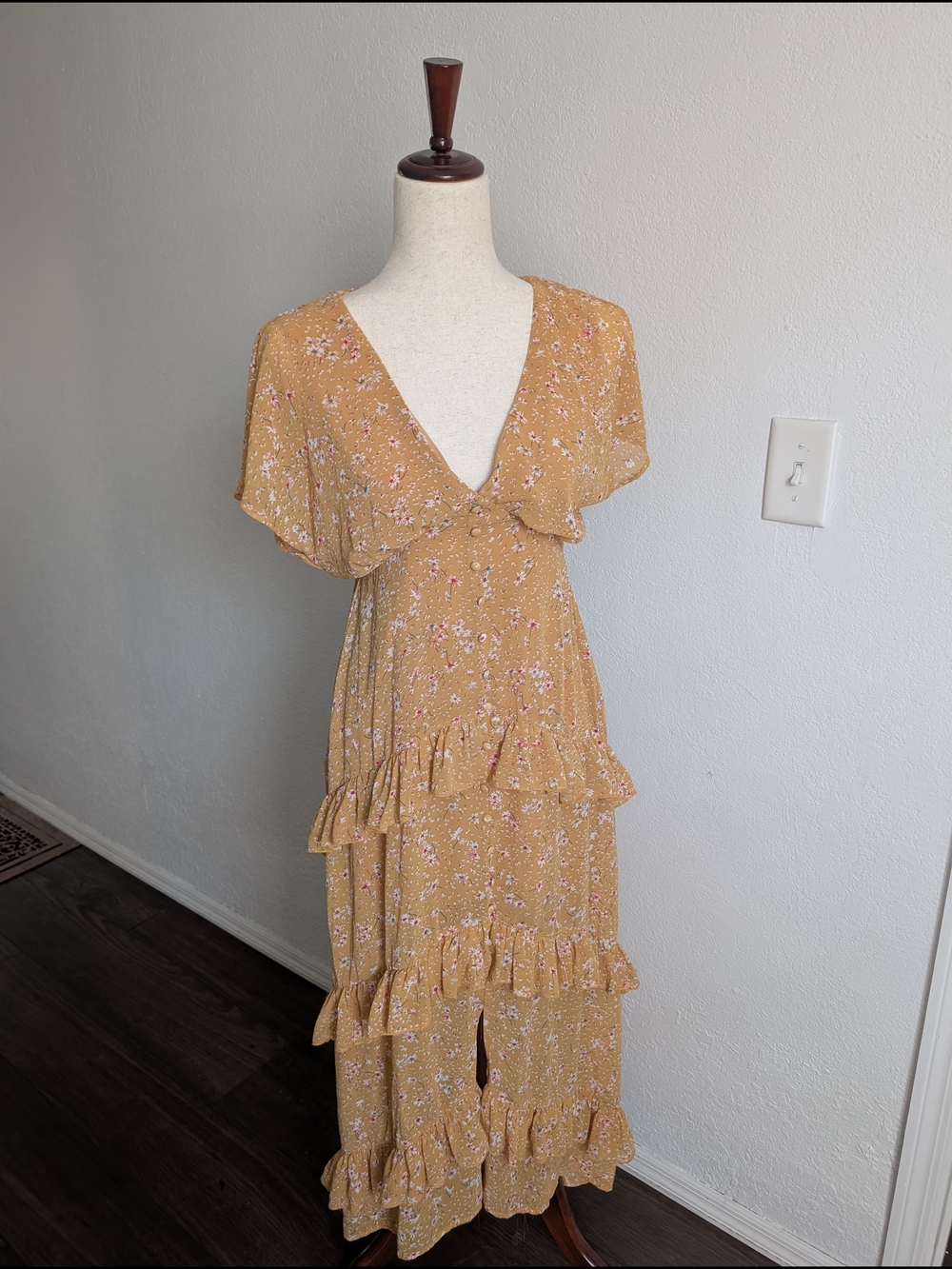 Lush Mustard Floral Ruffle Maxi Dress